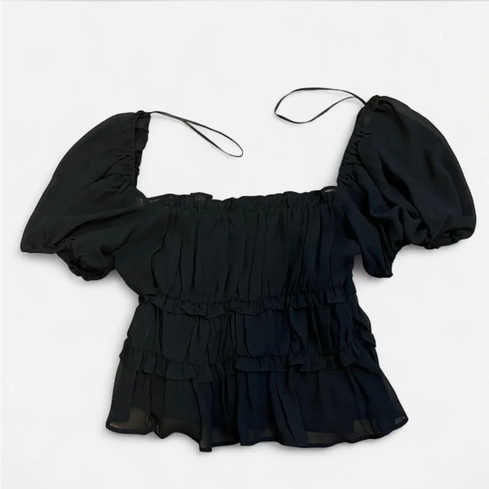 ASTR The Label Savina Puff-Sleeve Top XS black mesh